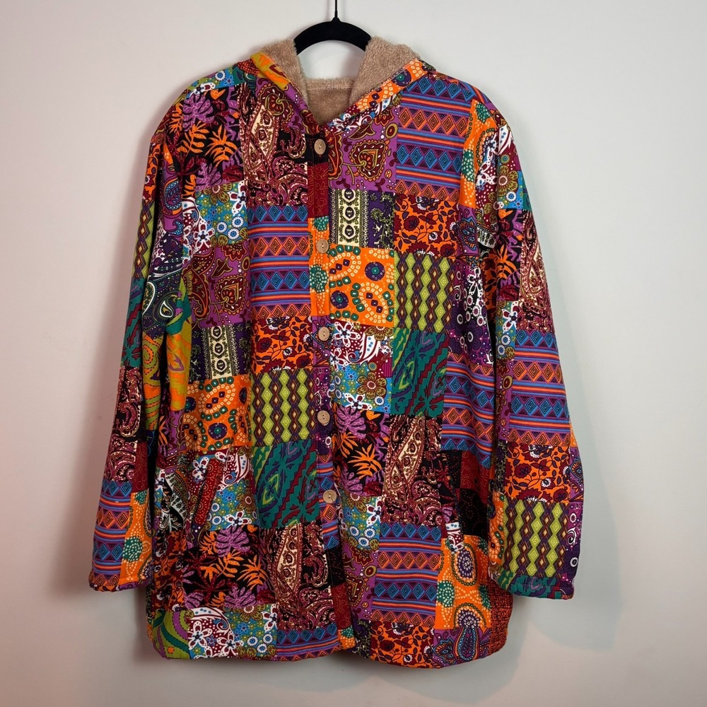 Womens Patchword Colorful Button Front Hooded Fleeve Lined Jacket sz 2XL Boho